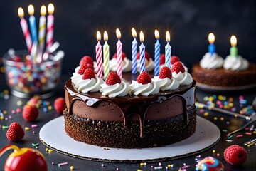 Traditional Birthday Cake with Rich Dark Chocolate Frosting and Six Decorative Candles