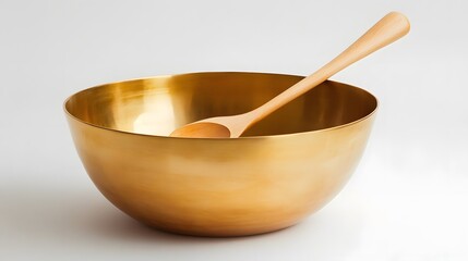 Elegant Golden Bowl with Wooden Stirrer for Mixing Ingredients in a Modern Kitchen Setting