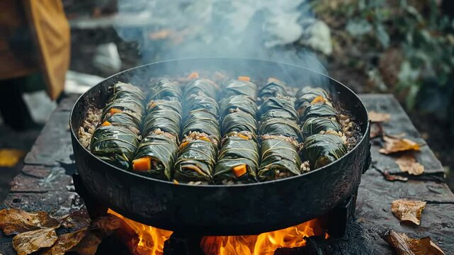Savor the aroma of dolma tolma sarma being prepared over an open fire. Stuffed grape leaves are delicately arranged in a traditional pot as smoke rises, surrounded by autumn leaves.