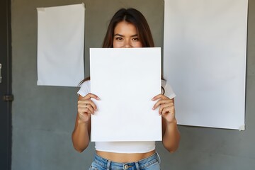 Woman Holding Large Blank Poster with Background Posters