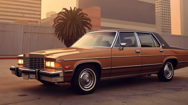 Expesive retro car in 70s style on the urban street with orange sky