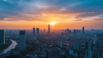 Obraz premium Sunset over bangkok cityscape urban landscape photography vibrant atmosphere aerial view serene moment
