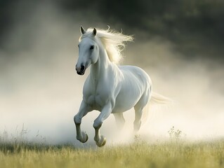Obraz premium 10. A beautiful white horse galloping through a misty morning field
