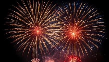 Night view with fireworks exploding in the dark sky, Two large fireworks are seen blooming with golden sparks spreading in all directions.