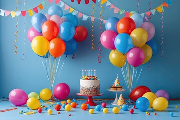 Vibrant Birthday Celebration Scene with Colorful Balloons and Streamers on Light Blue Background