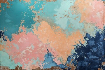 Vibrant Antique Surface Displaying Range of Fresh Aqua Soft Peach and Deep Navy Tones