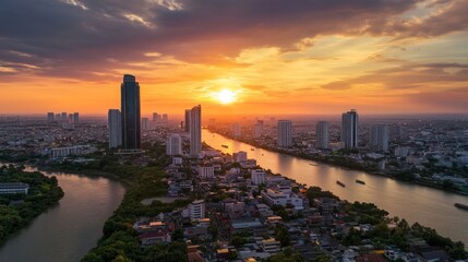 Sunset over the chao phraya river bangkok cityscape aerial view urban environment captivating visuals