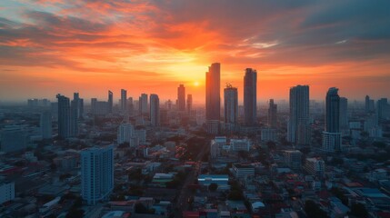 Sunset cityscape urban skyline aerial view metropolitan area vibrant atmosphere peaceful evening