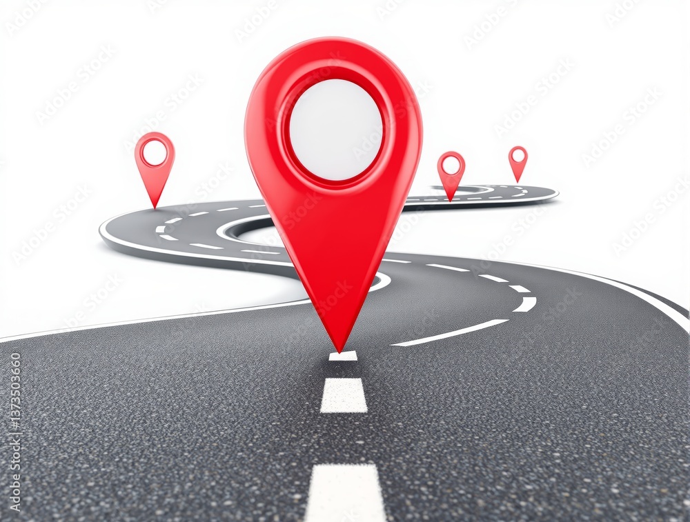 Poster curved asphalt road with red map markers in a minimalist graphic style on white background, represen