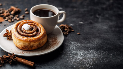 a cinnamon roll with a cup of coffee