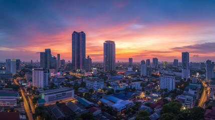 Fototapeta premium Sunset cityscape panorama bangkok urban landscape dusk aerial view vibrant skyline