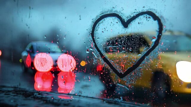 Heart Shape on Foggy Window with Raindrops Blurred Vehicle in Background Evokes Love and Emotion, Highlighting Connection and Mental Health Awareness.