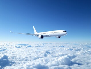 Obraz premium White commercial airplane flying above fluffy clouds in a clear blue sky, minimalistic design on bright sky background, concept of transport. Ai generative