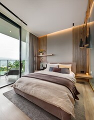 Elegant Modern Bedroom with Glass Walk-In Closet and Terrace View