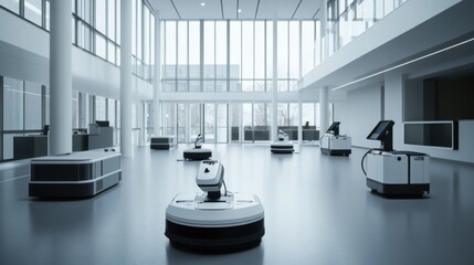 Robotics engineer designing autonomous cleaning robots for commercial spaces, office building with robots and cleaning equipment, Facility Robotics style