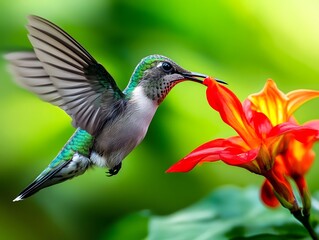Obraz premium 44. A hummingbird drinking nectar from a bright red flower