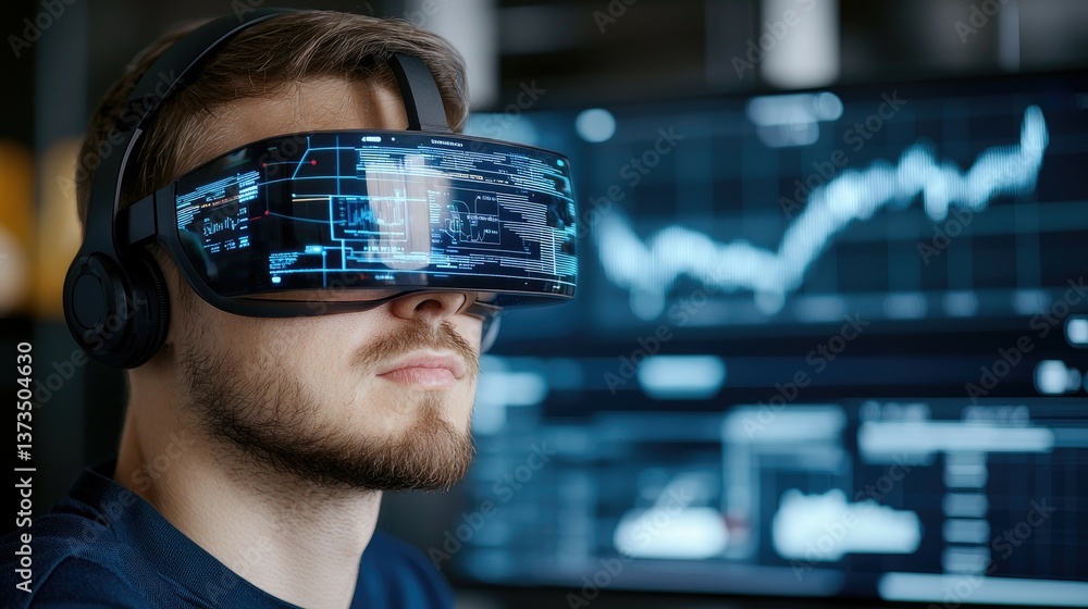 Aufkleber young man using virtual reality headset with data visualization charts