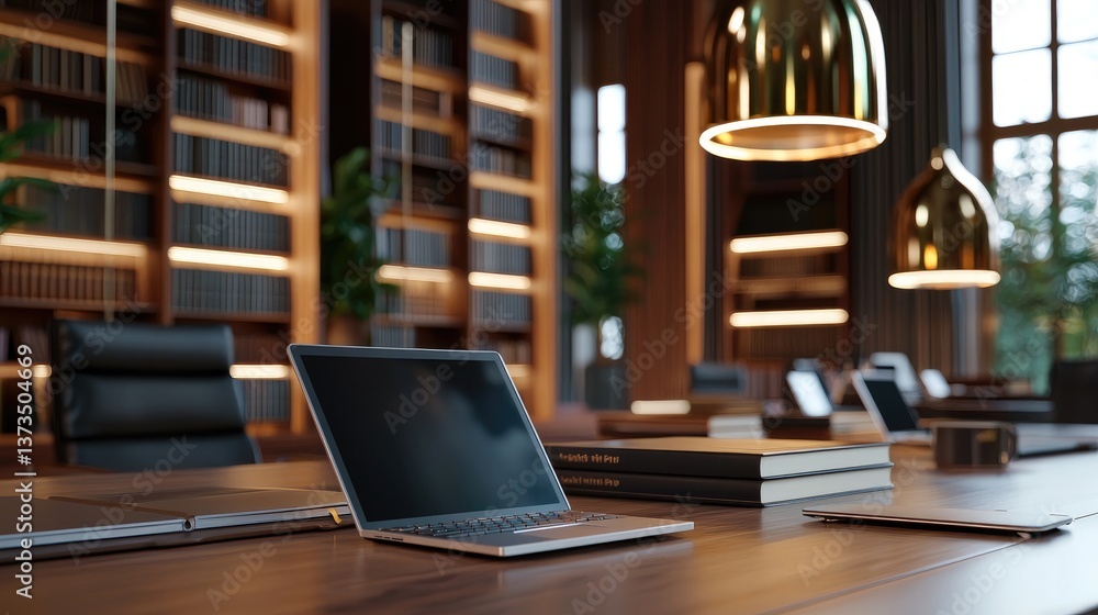 Poster modern office workspace with laptop and books in elegant setting