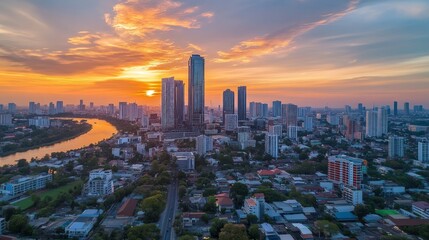 Obraz premium Sunset over bangkok skyline cityscape photography urban environment aerial view vibrant atmosphere