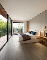 Elegant Modern Bedroom with Glass Walk-In Closet and Terrace View