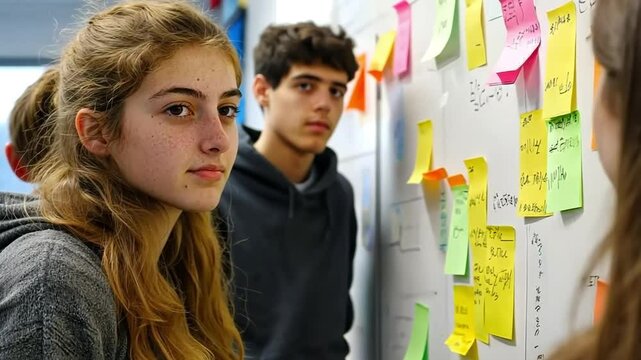 A creative shot of college students brainstorming with sticky notes on a whiteboard
