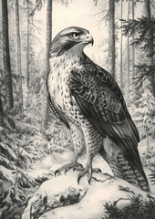 Fototapeta premium Majestic hawk perched on a branch in a misty forest setting with tall trees and soft light, showcasing intricate feather details and piercing eyes Generative AI