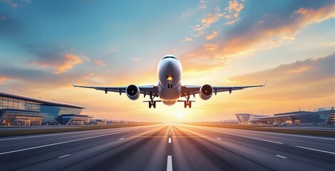 Commercial airplane taking off from runway, digital art style, with dramatic sunset sky and futuristic airport terminal background, concept of transport. Ai generative