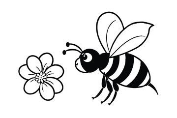 Black and White Cartoon Bee Near Flower Illustration
