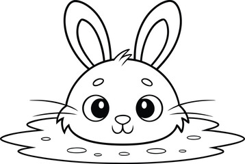 Cartoon Rabbit Head With Large Ears, Cute Face, and Clean Black Outline on Transparent BG