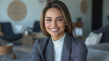 Fototapeta premium Confident woman smiling in modern office environment during daytime