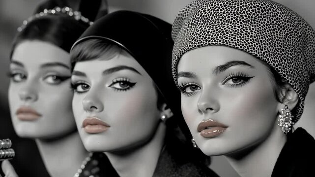 Elegant black and white portrait of stylish women showcasing vintage fashion, glamour, and striking makeup in sophisticated style.