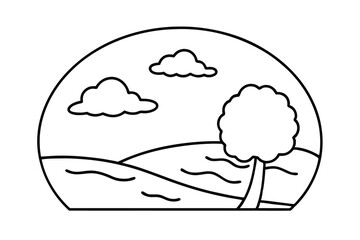 Simple Line Drawing Idyllic Landscape, Tree, Clouds, Hills