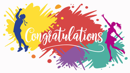 Colorful' Congratulations' - lettering on watercolor vector on splash background and comic-style explosion with sale and hero elements
