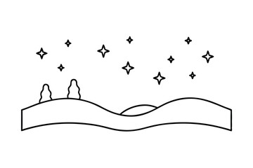 Night Sky Landscape Stars, Hills, Trees, Simple Line Art