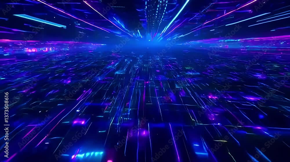 Poster flying through blue and purple abstract data streams seamless animation