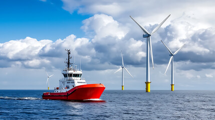Offshore wind farm maintenance vessel open waters marine industry cloudy skies side view renewable energy innovation