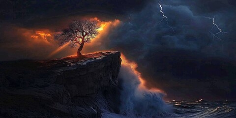 Fototapeta premium Tree atop a rock stands resilient against the waves and turbulent sky.