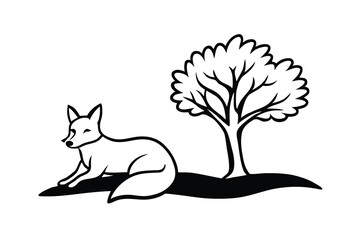 Fox resting near tree, simple black and white illustration