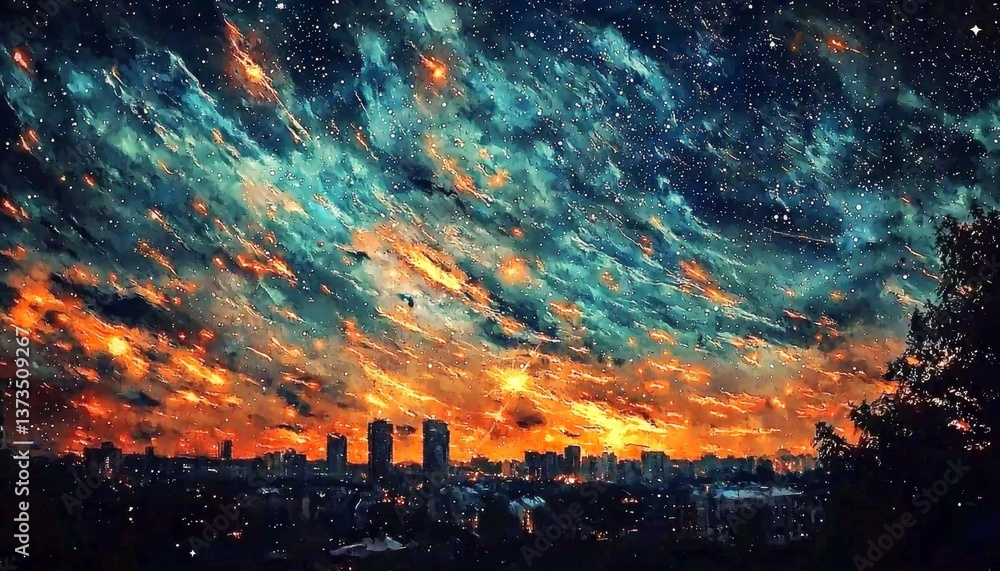 Wall mural blurred lights create a dreamlike atmosphere in a cosmic urban environment.