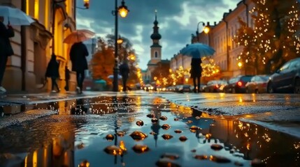 Fototapeta premium People Navigate the Old Town with Umbrellas in the Rain