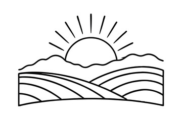 Fototapeta premium Sunrise Over Rolling Hills Farm Landscape Line Art Design