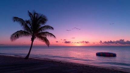 Serene Sunset Beach  Palm Tree  Ocean  Inflatable Ring  Tranquil Vacation Scene
