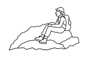 Line Art Drawing Hiker Resting on Rocky Mountain Peak