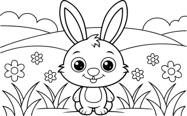 Cheerful Cartoon Bunny in an Outline Style with Flowers and Hill Background