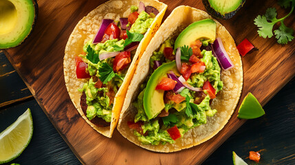 Tasty tacos filled with avocado and vegetables on a wooden board  