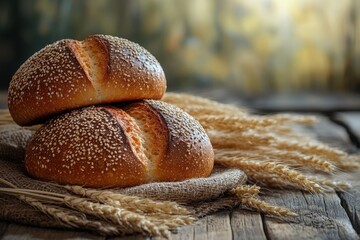 Freshly baked bread rolls resting on burlap with wheat strands, captured in a rustic setting