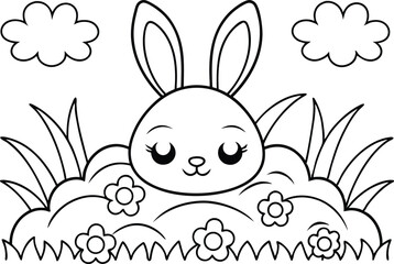 Cute Bunny in Flowers and Grass with Clouds Outline on White Background