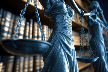 Lady Justice statue in front of books, scales in focus, deep blue tones