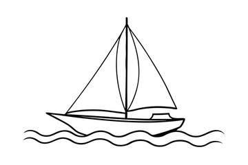 Simple Sailboat Line Drawing Ocean Waves, Summer, Sailing