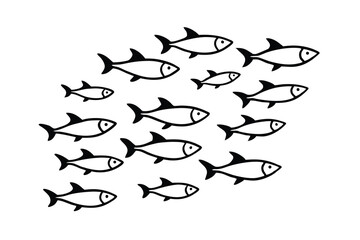 Black Outline Fish School, Aquatic Life, Ocean Wildlife Illustration